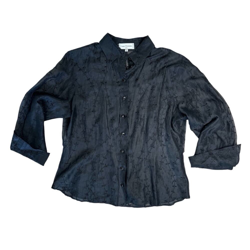 ANNE FONTAINE PARIS Women Black Sheer Embroidered Button Front 3/4 Sleeve Blouse